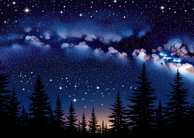 Starry Night Sky Over Pine Forest