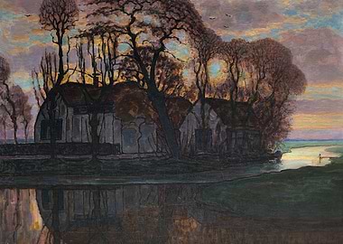Impressionist Landscape of Houses by Water