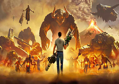 Man facing giant monsters and volcano