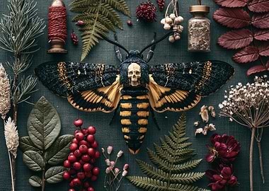 Death's Head Moth with Skull and Nature Elements