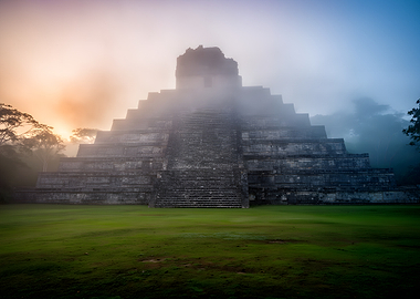 Misty Mayan Pyramid at Sunrise