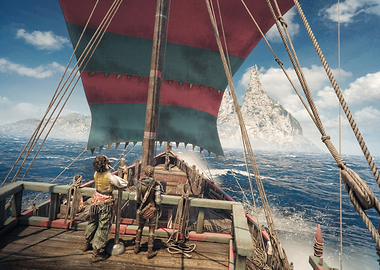 Adventurers on a ship approaching a mountain island
