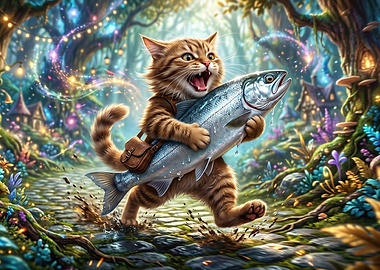Cat carrying a large fish in a magical forest