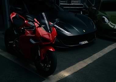 Red Motorcycle and Luxury Cars