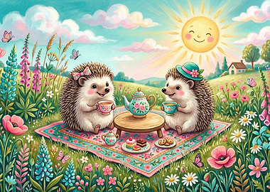Hedgehogs Having a Tea Party