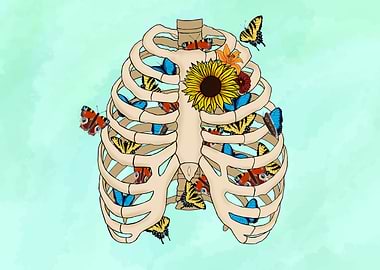 Joie de Vivre – Hand-Drawn Rib Cage & Butterflies Illustration