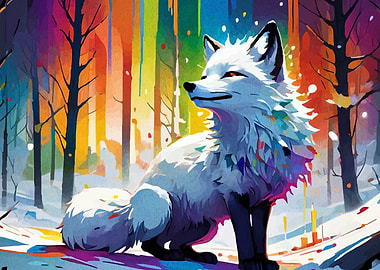 White Fox in Colorful Winter Forest