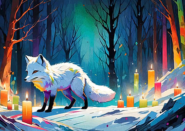 White Fox in a Candlelit Forest