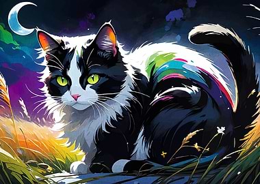 Tuxedo Cat in a Colorful Night Landscape