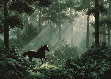 Horse running through a sunlit forest