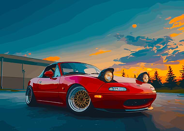Red Mazda Miata at Sunset
