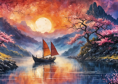 Sailboat on a serene lake with cherry blossoms