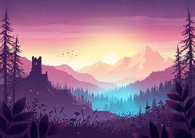 Fantasy Castle Landscape at Sunset