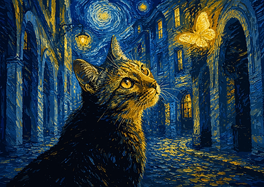 Cat Gazing at Butterfly in Starry Night City