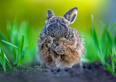 Cute baby rabbit hiding face