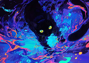 Black Cat in Neon Swirls