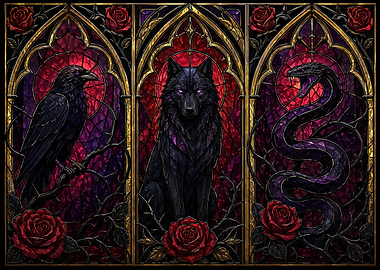 Gothic Stained Glass Animals and Roses