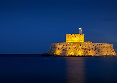 Rhode Agios Nikolaos Fortress and Lighthouse at Dusk