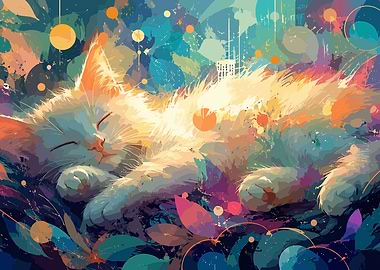 Sleeping Kitten in Abstract Floral Background