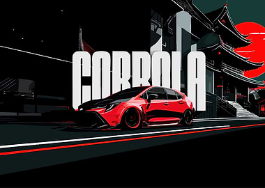 Red Corolla Hatchback with Japanese Temple
