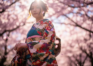 Woman in Kimono under Cherry Blossoms
