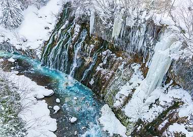 Frozen Shirahige Waterfall in Biei (Hokkaido) in Winter