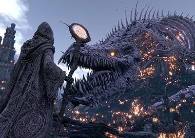 Fantasy Wizard Confronts Dragon
