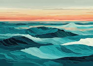 Stylized Ocean Waves at Sunset