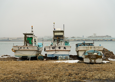 Fishing boats docked on a misty shore in Akkeshi (Hokkaido)