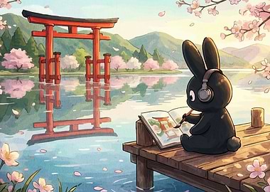 Bunny painting a Japanese torii gate