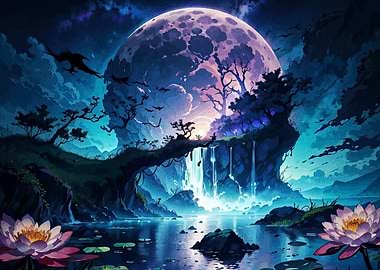 Enchanted Moonlit Waterfall Landscape