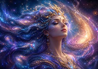 Cosmic Goddess with Flowing Hair