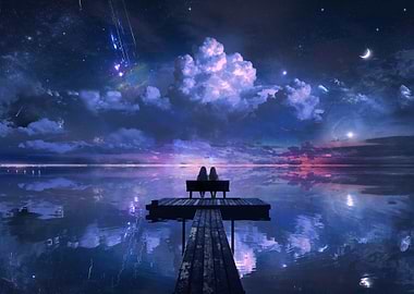 Two figures on a dock under a starry sky