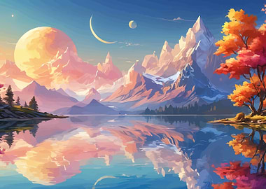 Fantasy Landscape with Mountains and Planets