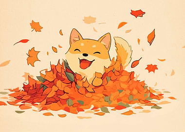 Shiba Inu Dog in Autumn Leaves