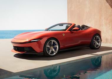Orange Ferrari Roma Spider by the Pool