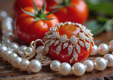 Tomato adorned with jewelry and pearls