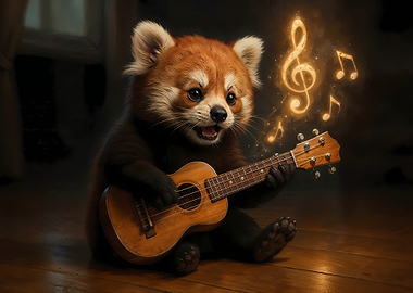 Red Panda Playing Ukulele with Music Notes