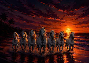 7 Horses running on a beach at sunset