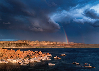 Rainbow over a desert lake