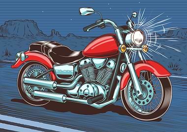 Red motorcycle on a desert road at night