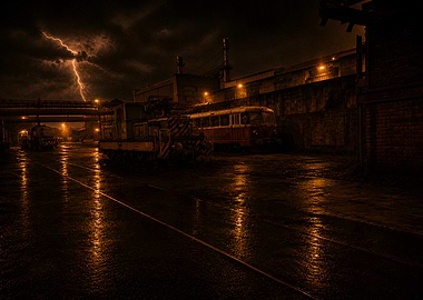Stormy Industrial Train Yard