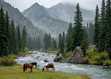Horses by a Mountain River