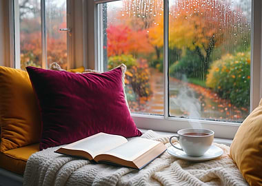 Cozy Reading Nook on a Rainy Autumn Day