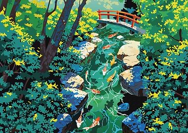 Koi pond with Japanese bridge and lush greenery