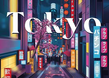 Tokyo Night Cityscape with Cherry Blossoms