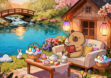 Bear reading on couch with Easter decorations