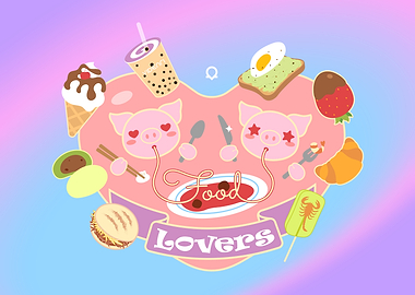 Cute Food Lovers Pigs Illustration