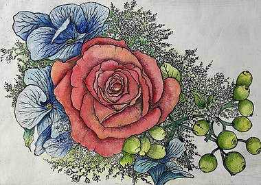 Crimson Bloom – Hand-Drawn Botanical Bouquet