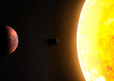 Astronaut near Mars and the Sun